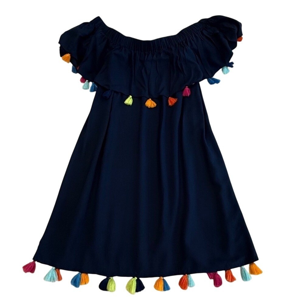 Escapada Navy Midi Dress with Colorful Tassels